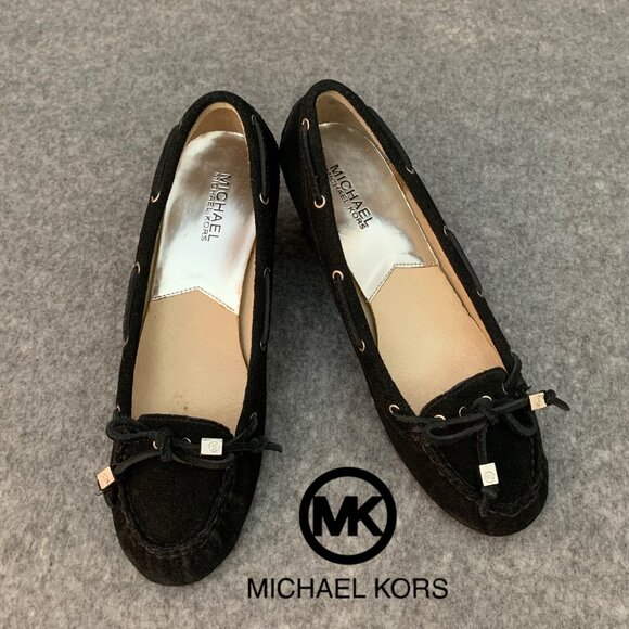 MICHAEL Michael Kors Women's Black Leather Wedge Suede Slip on Heel Bow Shoes - Picture 1 of 13